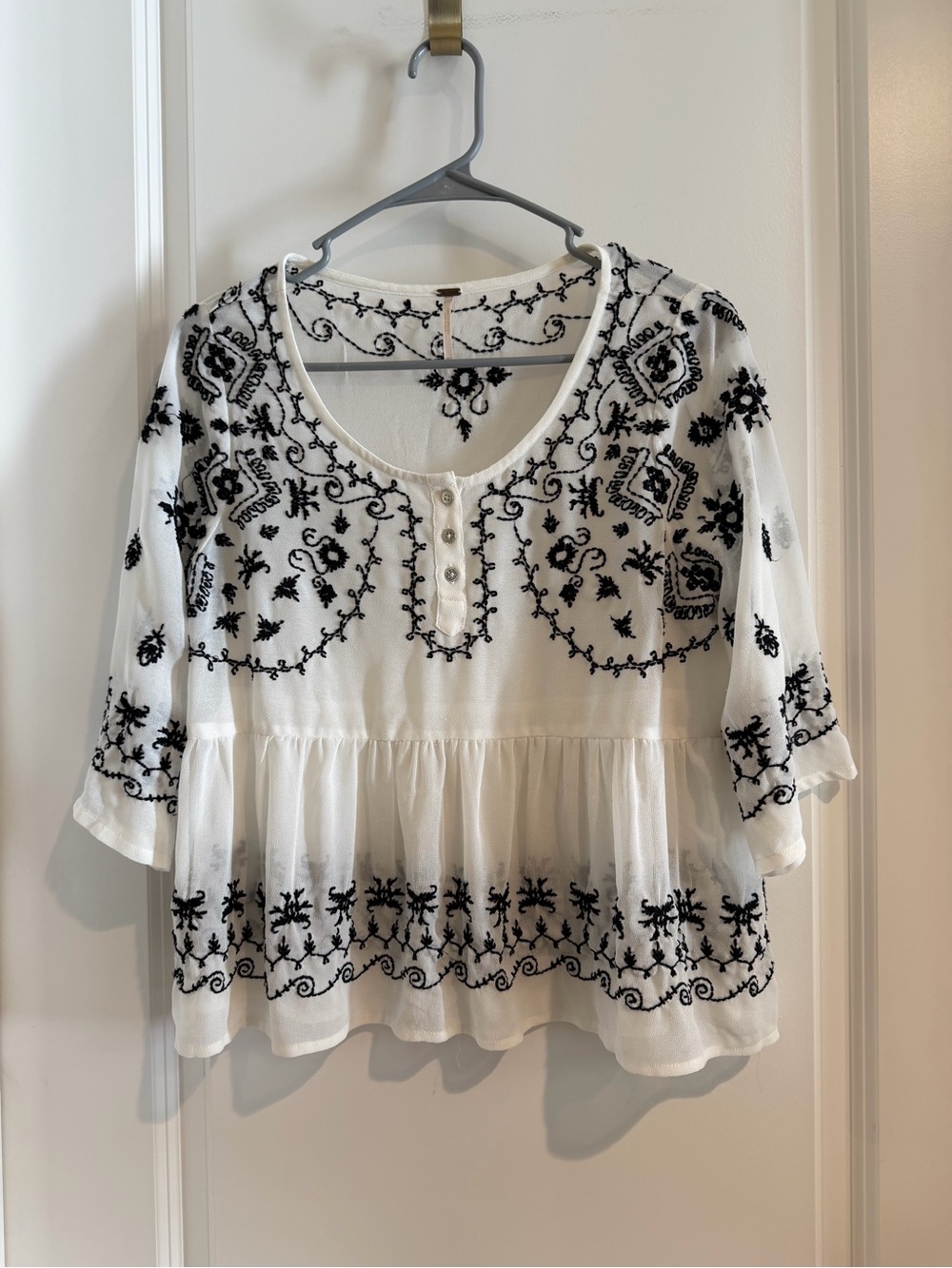 Free People White Peasant Blouse with Black Embroidery